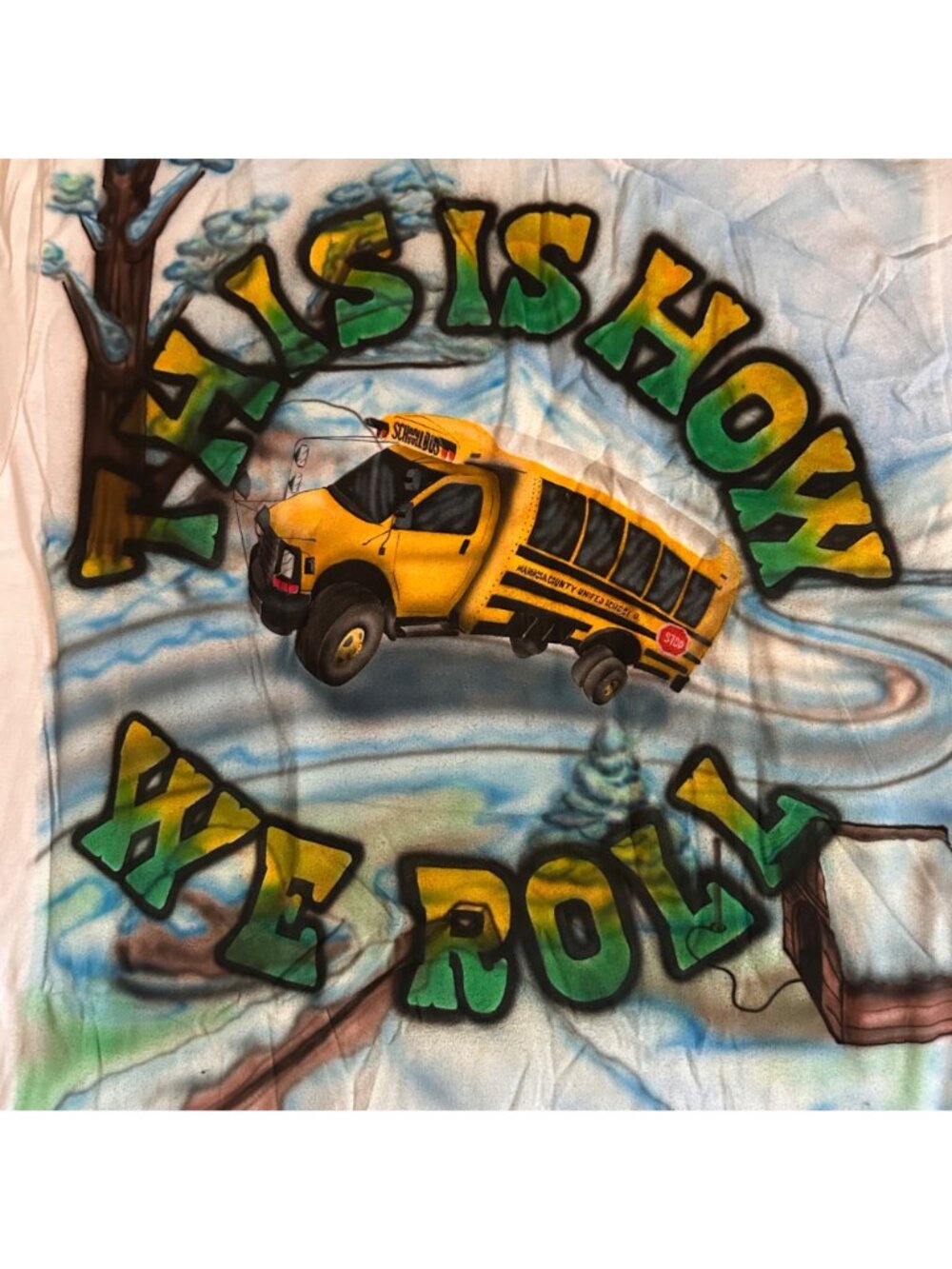 This Is How We Roll Airbrushed Mariposa School Bus Graphic T-Shirt Large Alstyle - Picture 4 of 14